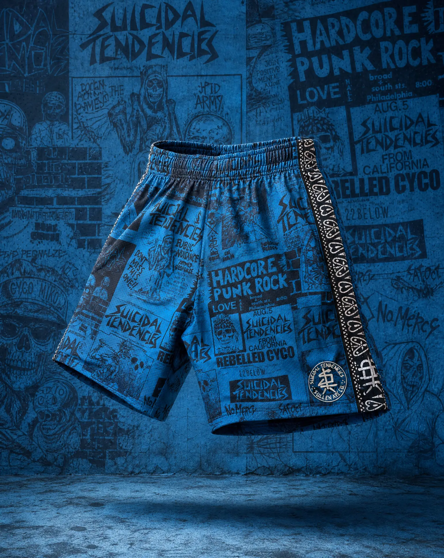 ST Mesh Shorts — Blue — all-over flyer print