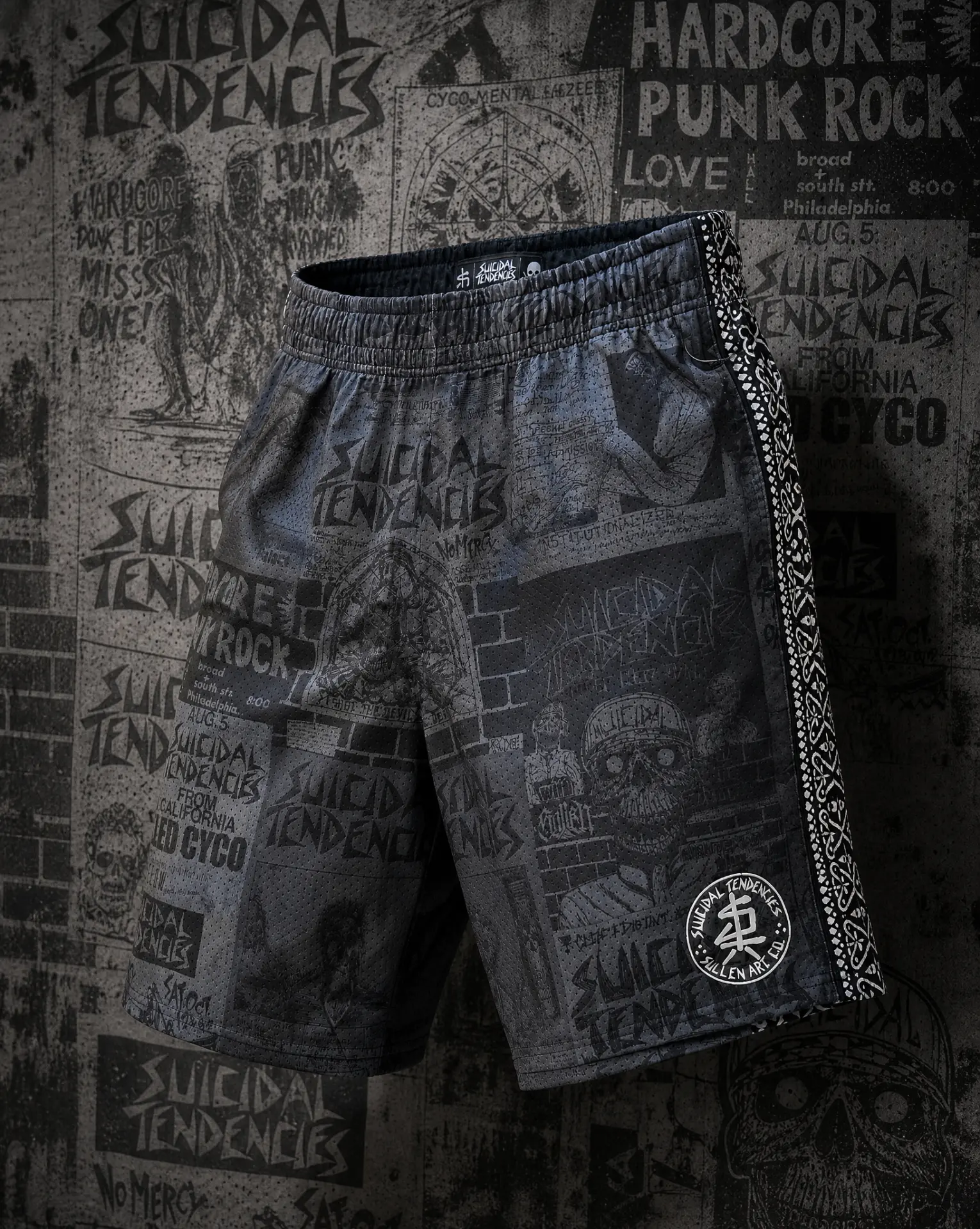 ST Mesh Shorts — Black — all-over flyer print